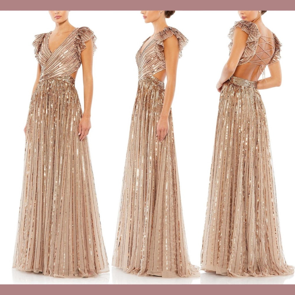 MAC DUGGAL SEQUINED CUT OUT RUFFLED CAP SLEEVE LACE UP GOWN - size 6 Like New!